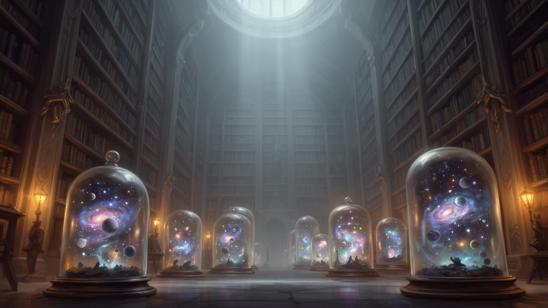 A vast library full of tiny universes inside bell jars.